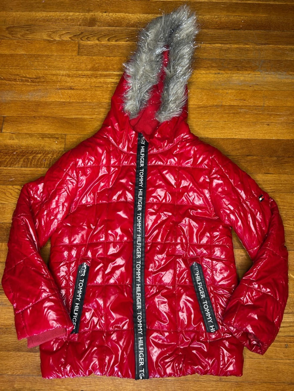 Tommy Hilfiger Red Quilted Puffer Jacket with Faux Fur Trim Hood